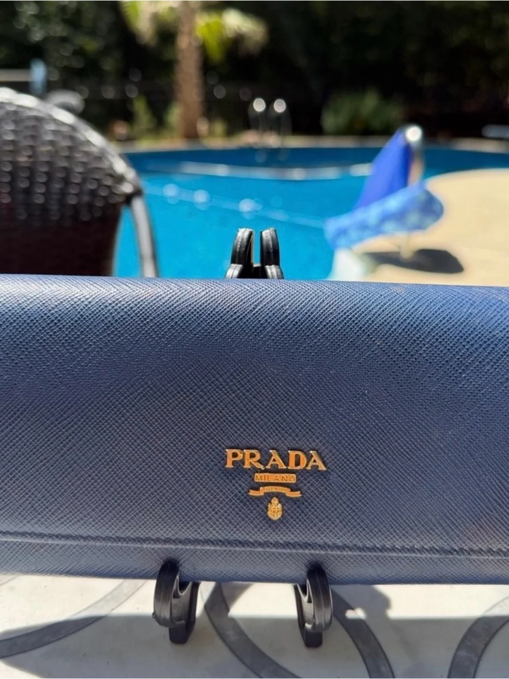 Prada Navy Saffiano Leather Continental Wallet with Gold Logo and COA